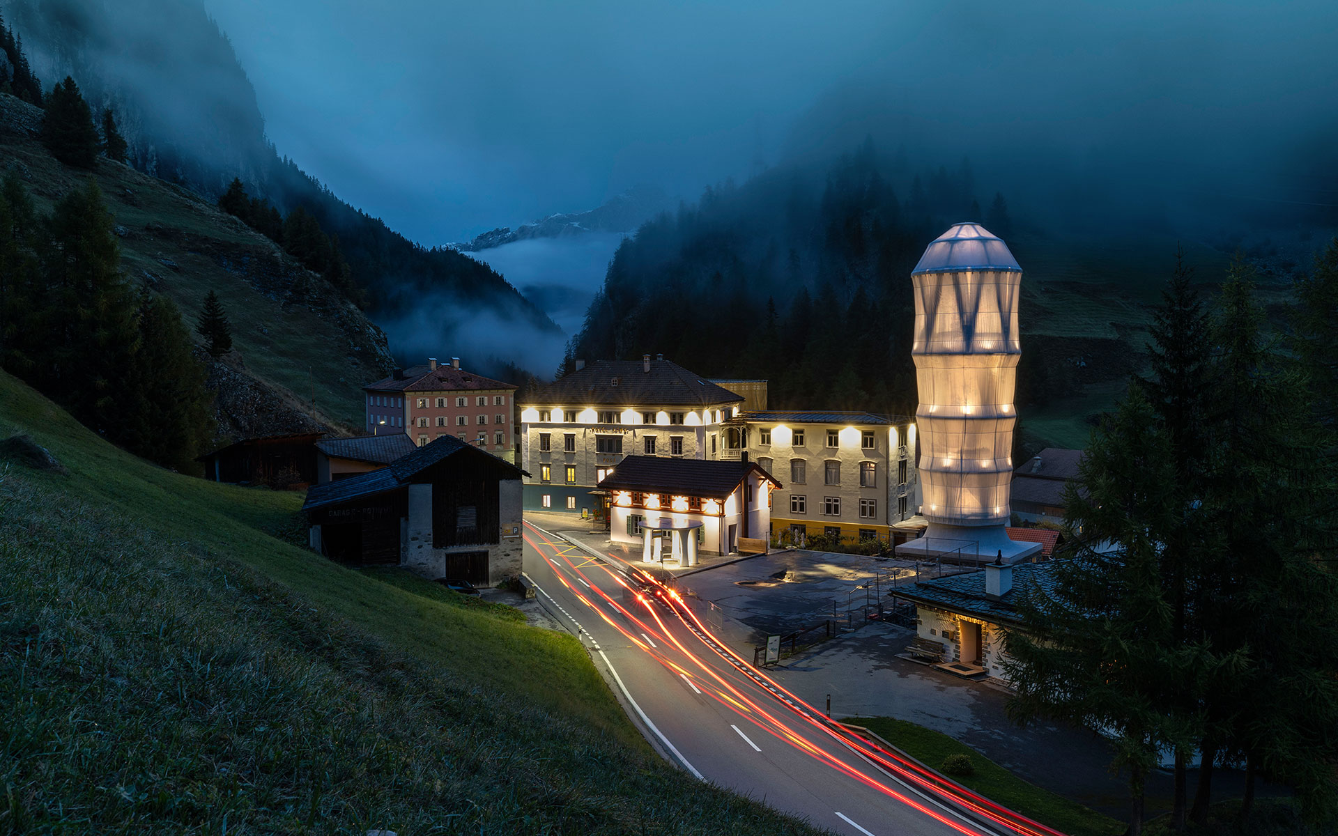White Tower along the Julier Pass road in Mulegns at night